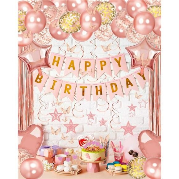 Rose Gold Birthday Party Decorations Banner Balloons Curtain Backdrop Set - Picture 5 of 7